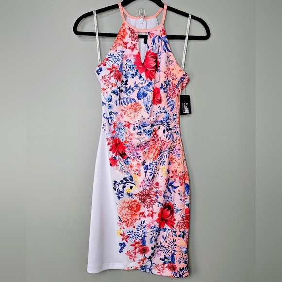 GUESS Women's Coral Multi Floral Print Halter Keyhole Lined Sheath Dress, Size 0 - Picture 6 of 13